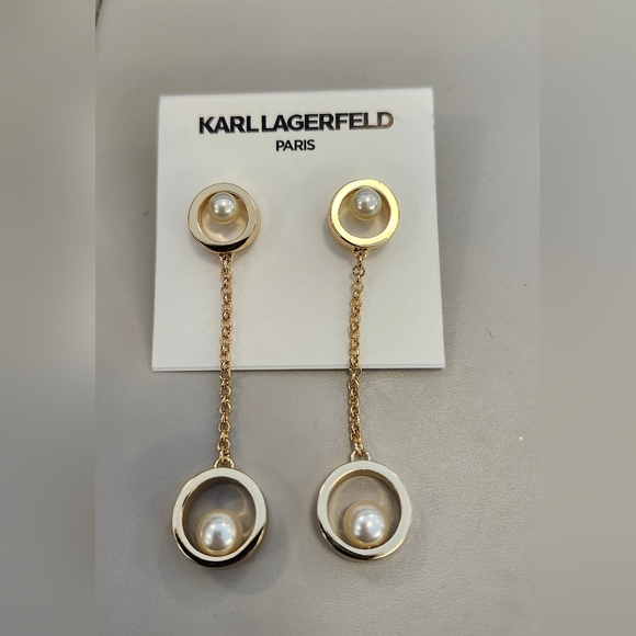NWT Karl Lagerfeld Gold-Tone Imitation Pearl & Chain Circle Drop Earrings - Picture 1 of 3